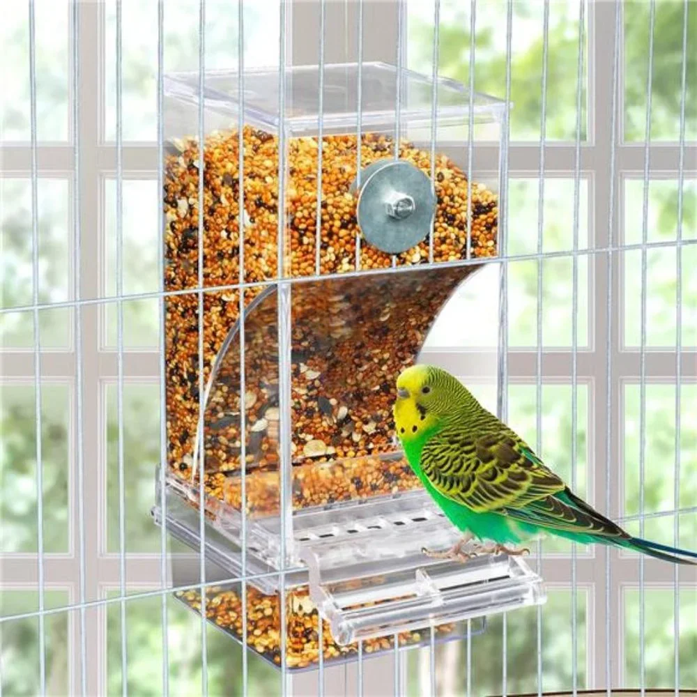 No Mess Automatic BirdFeeder Transparent FoodContainer Cage Acrylic ParrotFeeder